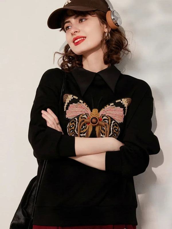 Sweater Women Embroidered Butterfly Crew Neck Relaxed Fit