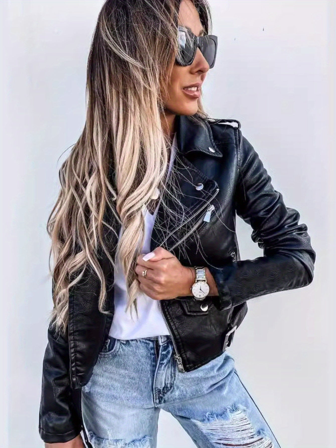 Jacket Women Cropped Biker with Zipper & Buckle Details