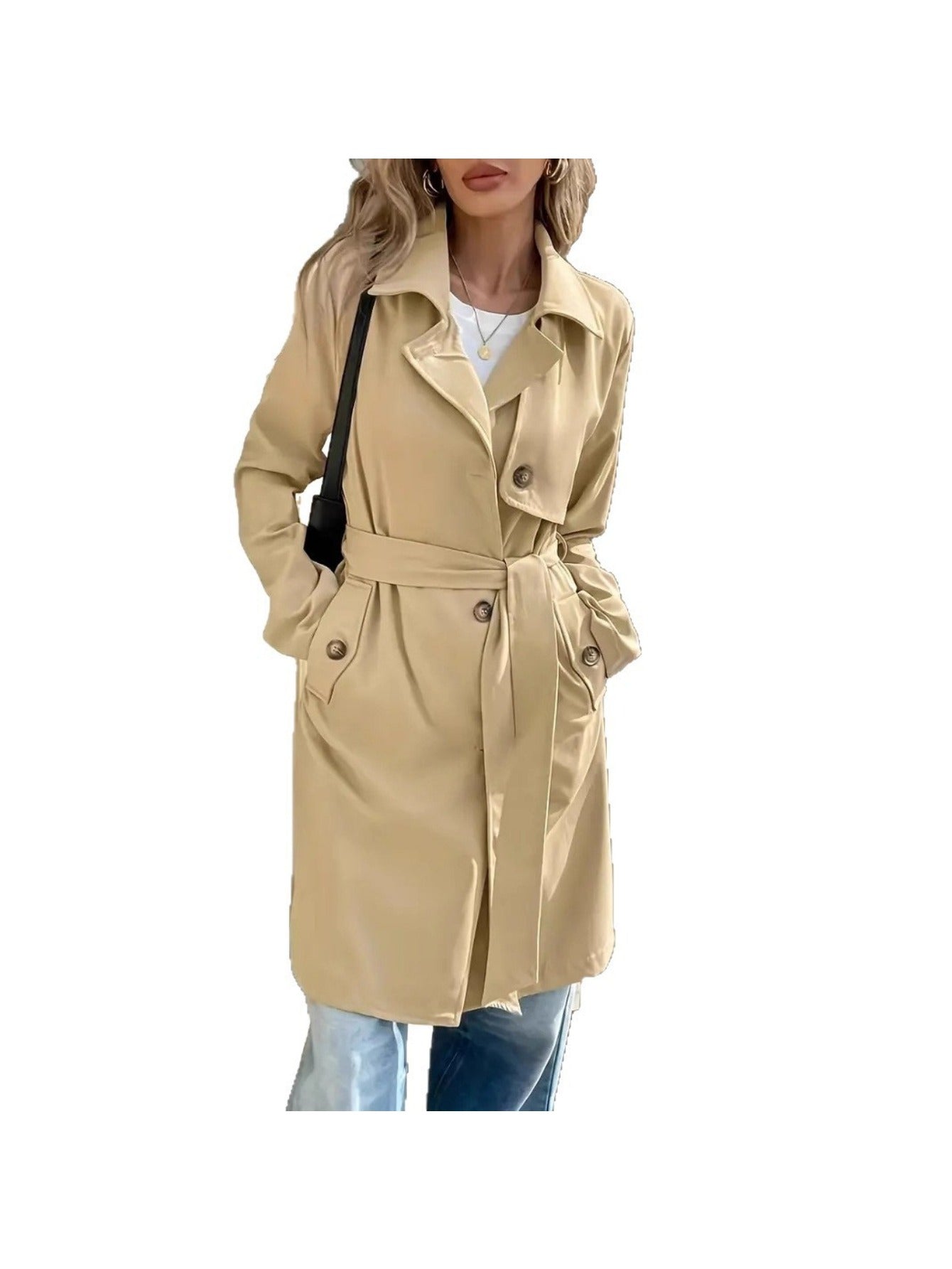 Trench Coat Women Long Button-Front Outerwear