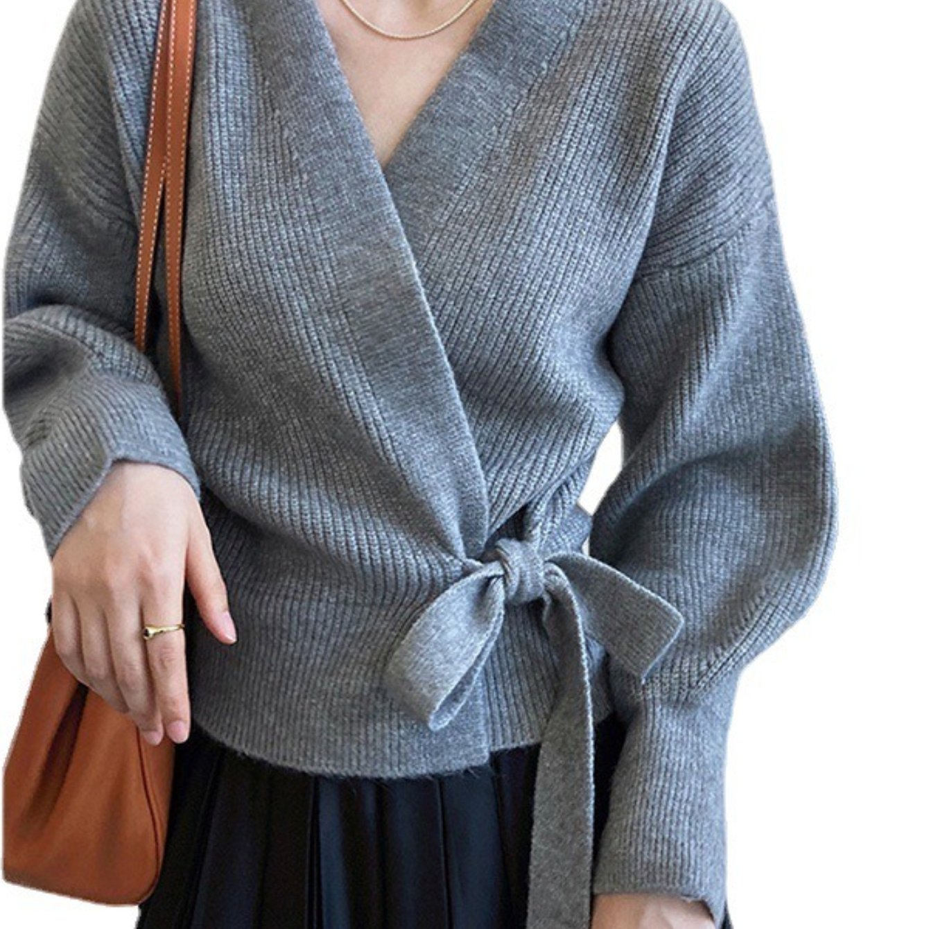 Top Women Wrap Sweater V-Neck Waist Tie