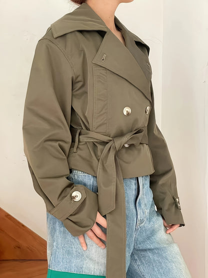 Trench Coat Women Cropped Double-Breasted Outerwear