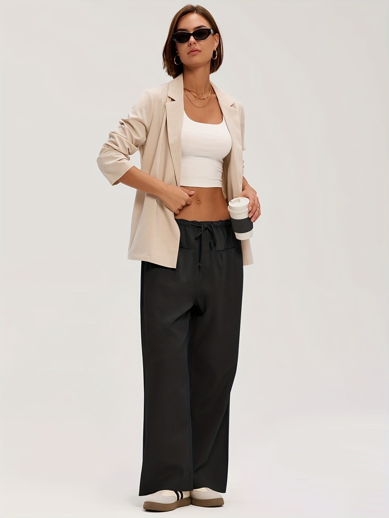 Pants Women Relaxed Wide-Leg Drawstring Style