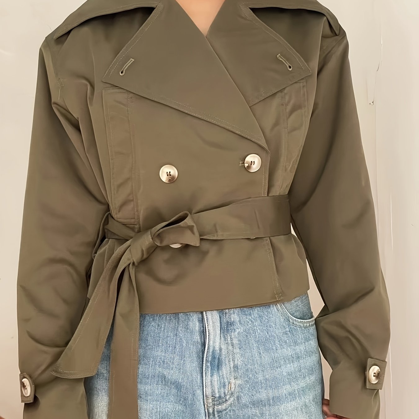 Trench Coat Women Cropped Double-Breasted Outerwear
