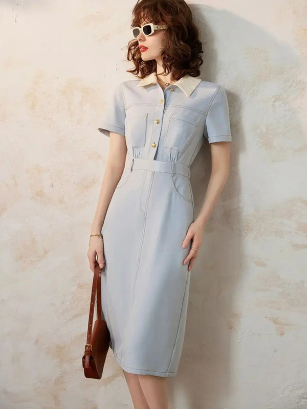 Dress Women A-Line Turn-Down Collar Front Button Short Sleeve