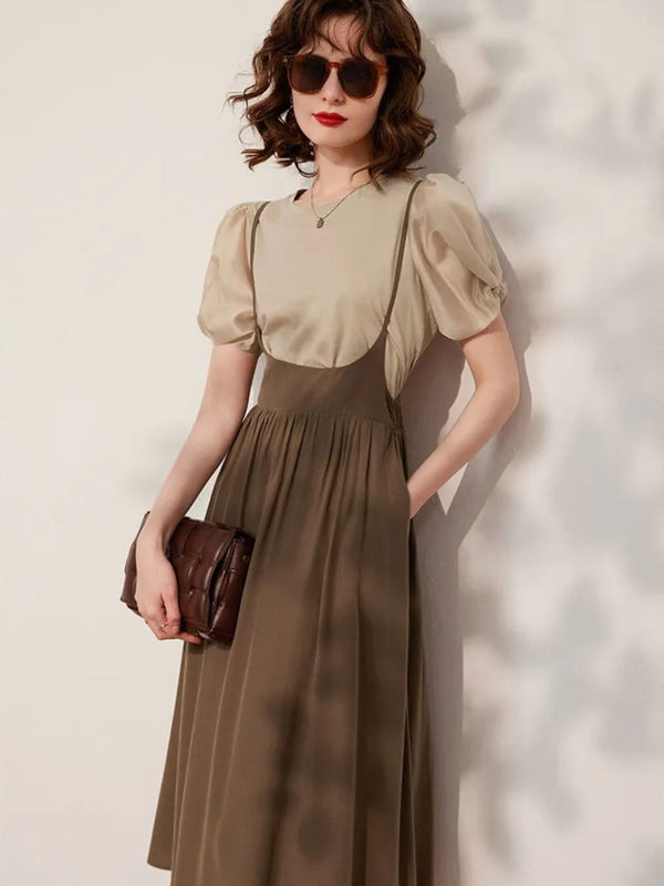 Dress Women Sleeved Blouse Layered Combo A-Line Suspender