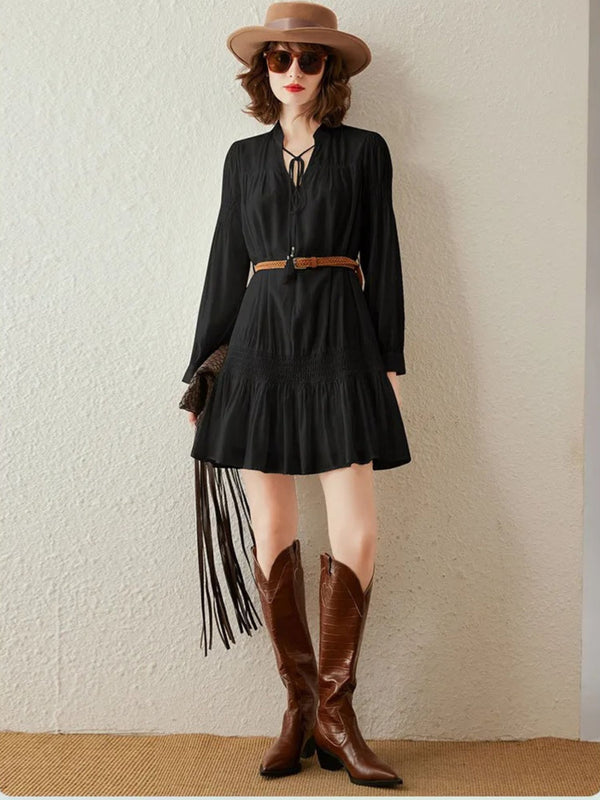 Dress Women V-Neck Smocked Waist A-Line Mini