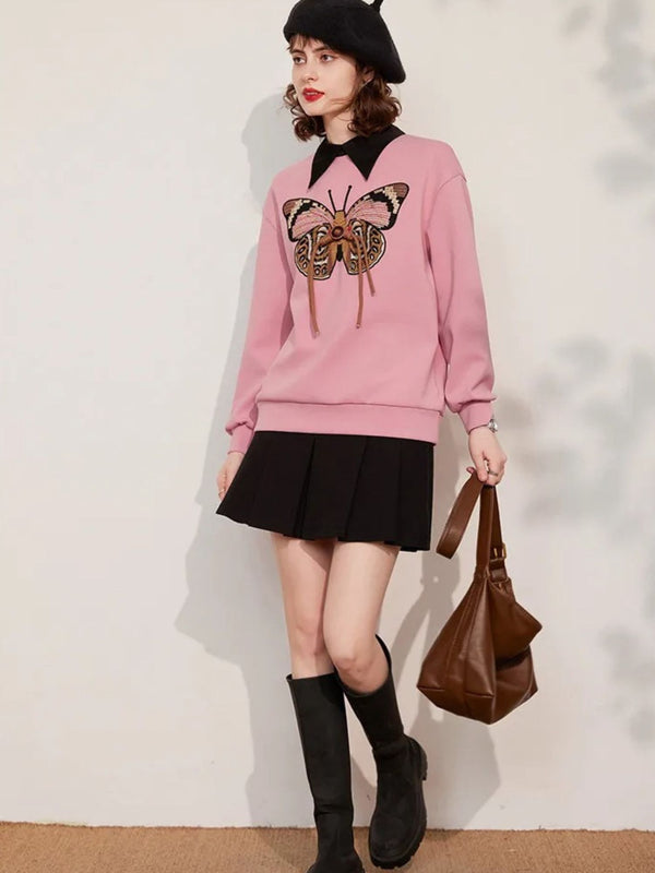 Sweater Women Embroidered Butterfly Crew Neck Relaxed Fit