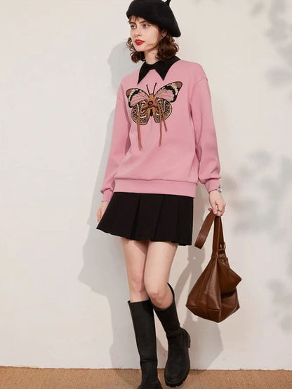 Sweater Women Embroidered Butterfly Crew Neck Relaxed Fit