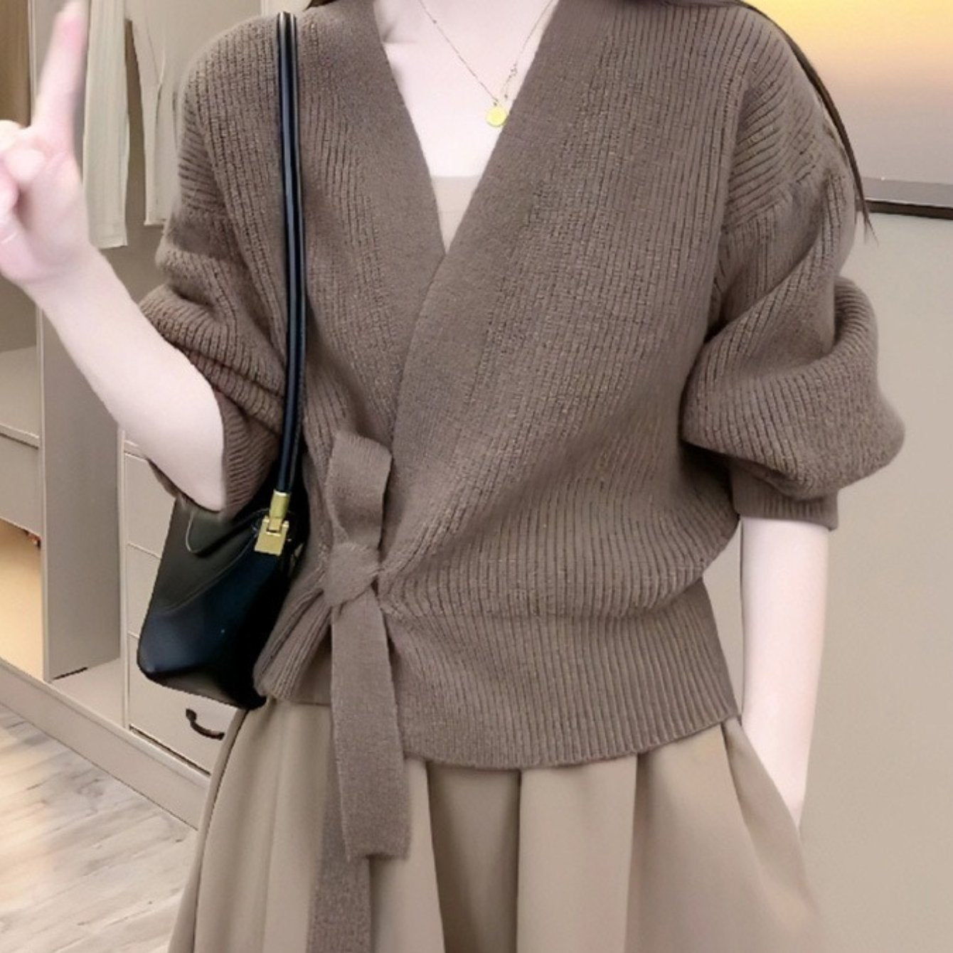 Top Women Wrap Sweater V-Neck Waist Tie