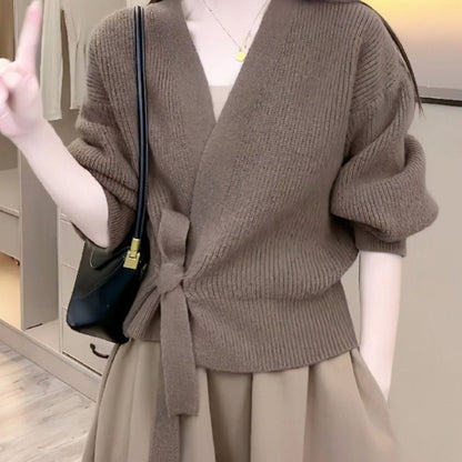Top Women Wrap Sweater V-Neck Waist Tie