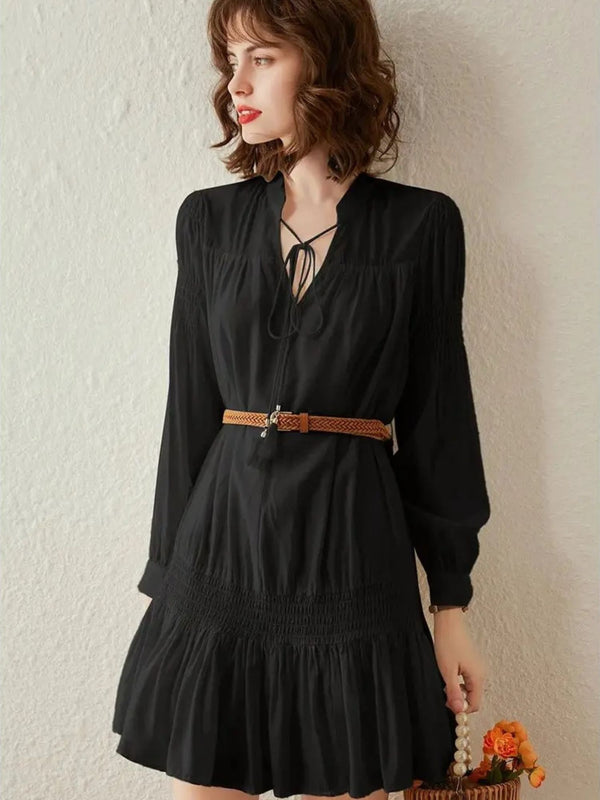 Dress Women V-Neck Smocked Waist A-Line Mini