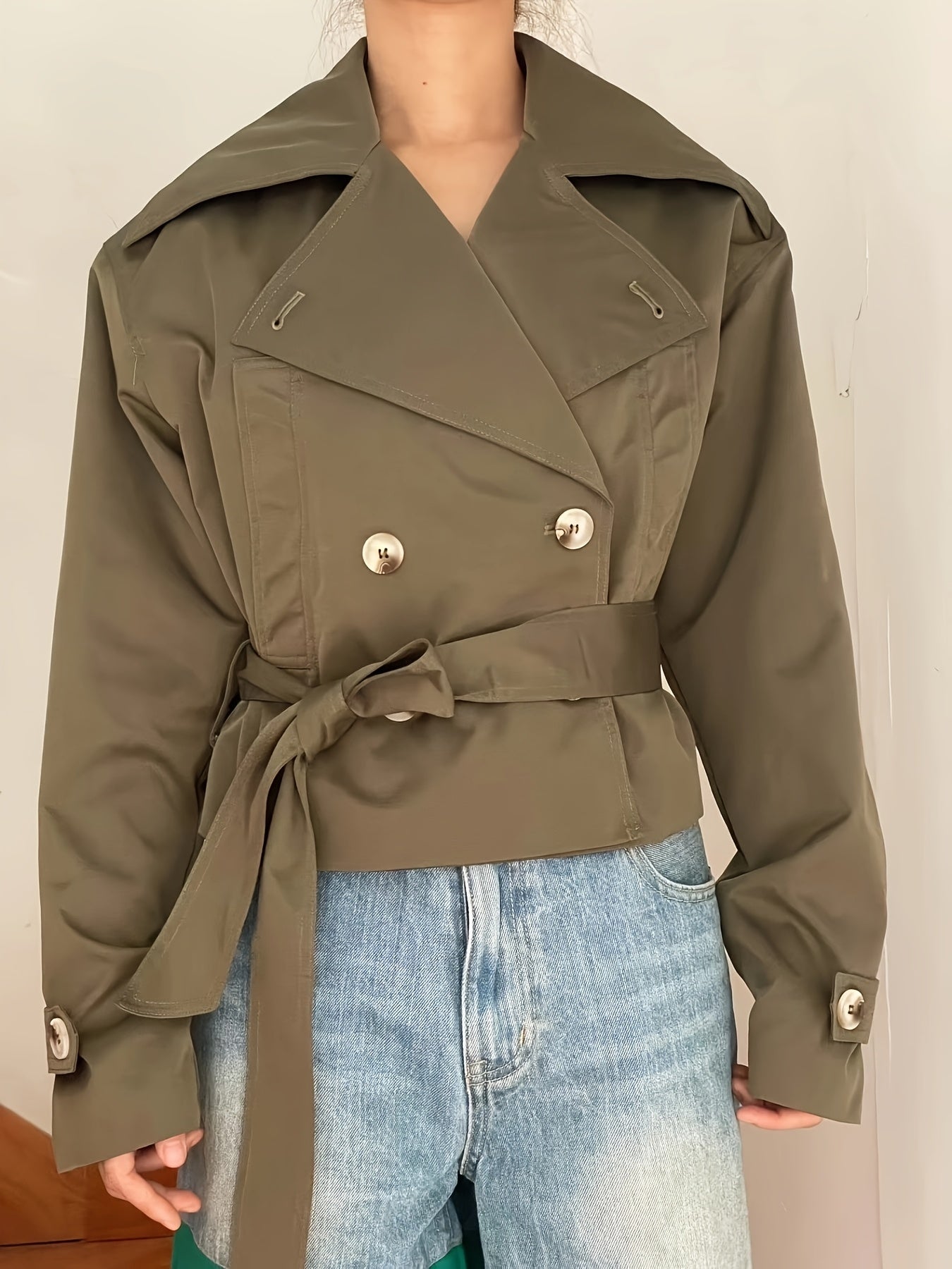 Trench Coat Women Cropped Double-Breasted Outerwear