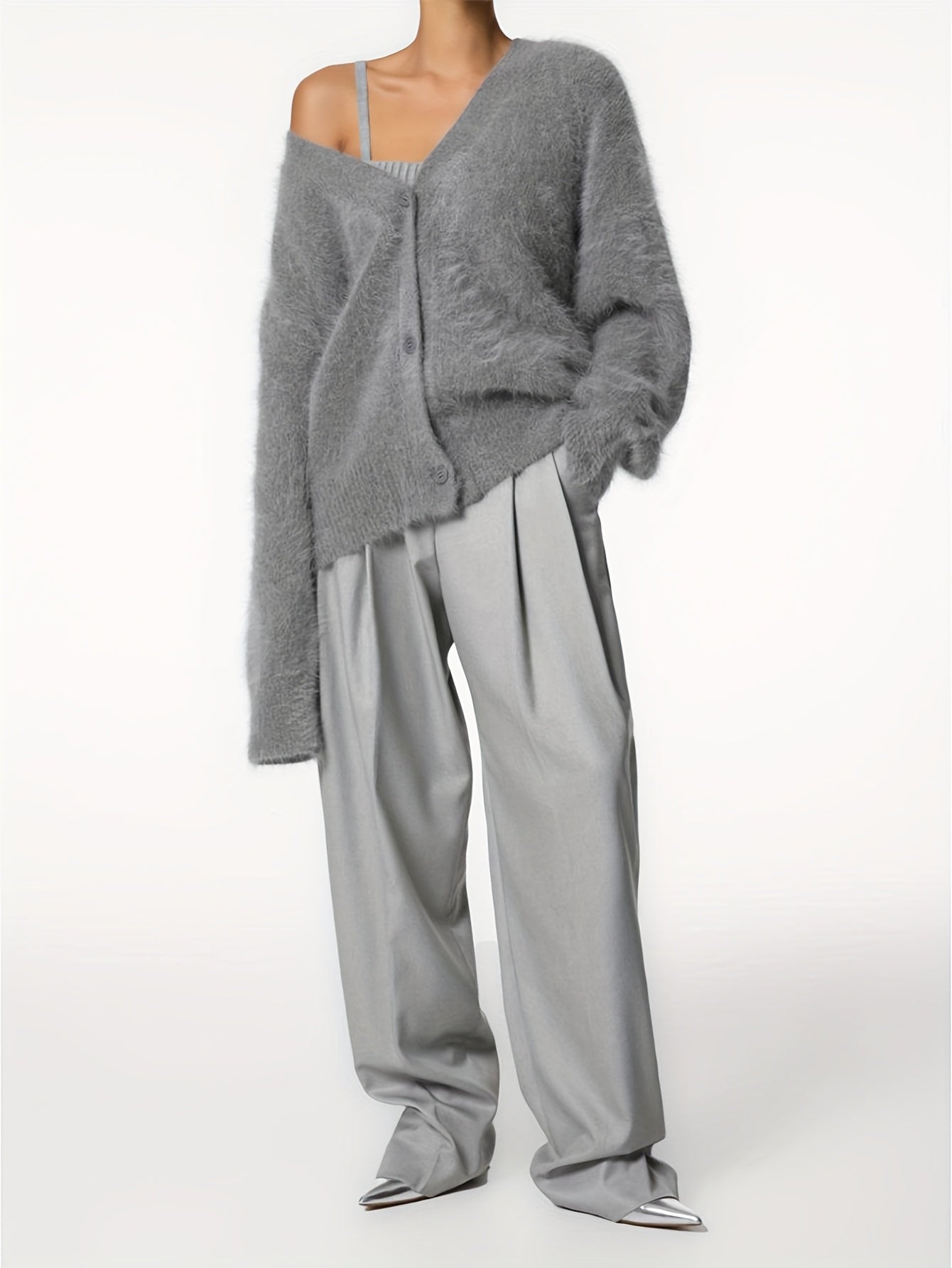 Sweater Women Oversized Off-Shoulder Fuzzy Button Design