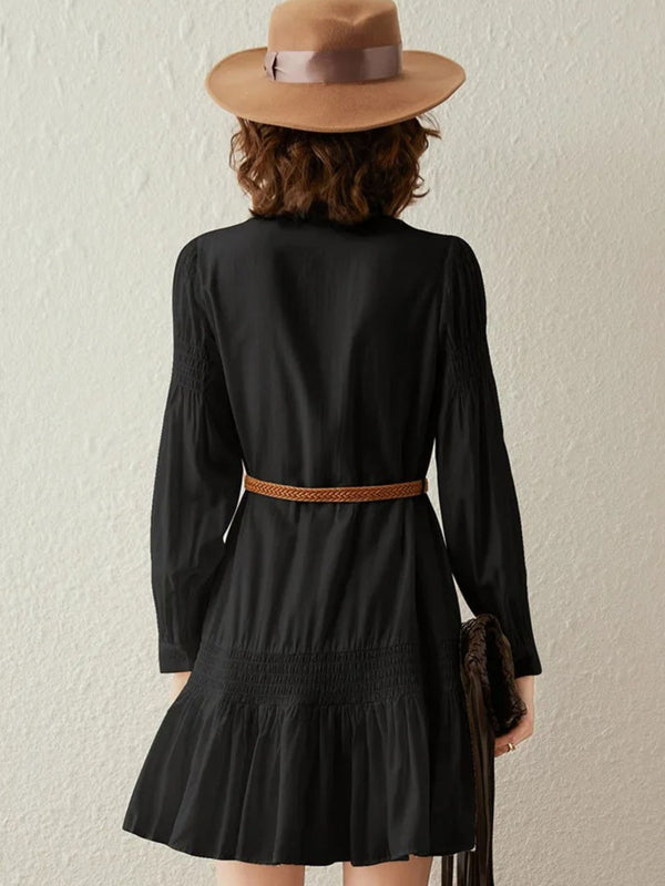 Dress Women V-Neck Smocked Waist A-Line Mini