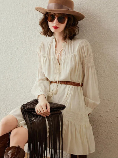 Dress Women V-Neck Smocked Waist A-Line Mini