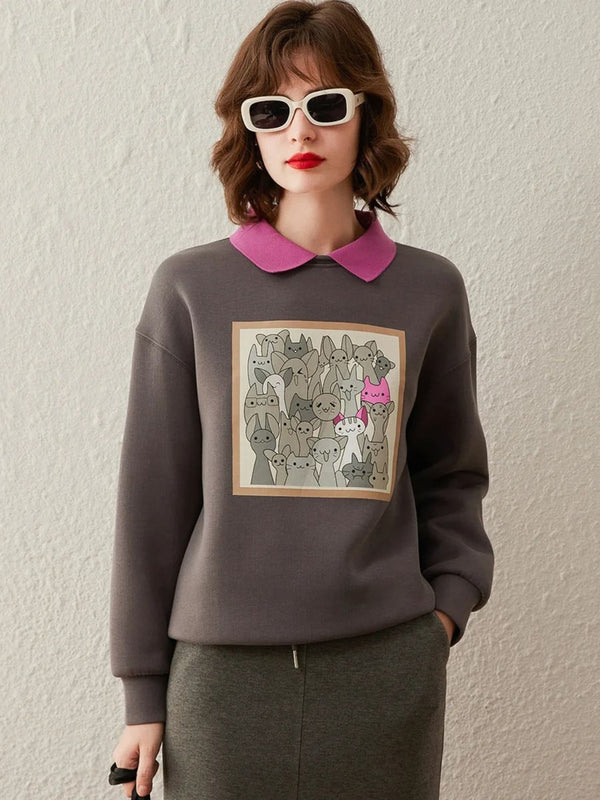 Sweater Women Contrasting Collar Dropped-Sleeves Relaxed Fit