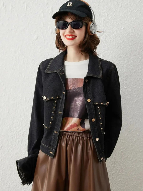 Jacket Women Retro Studs Rivet Detail Turn-Down Collar