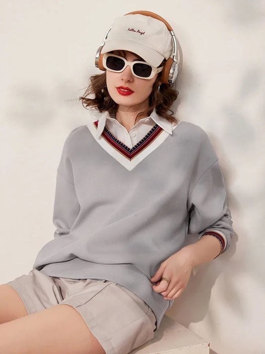 Sweater Women Layered-Look Folded Collar Relaxed Fit