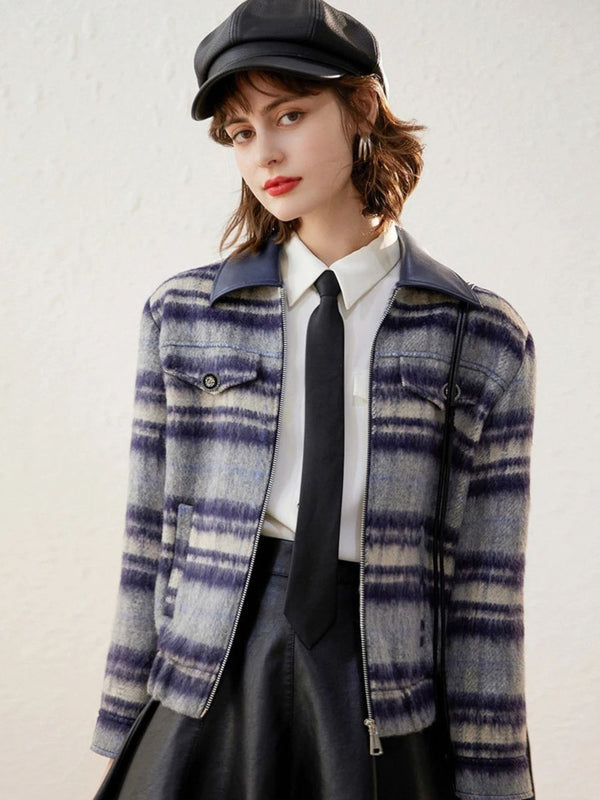 Jacket Women Striped Zip & Button Detail Turn-Down Collar