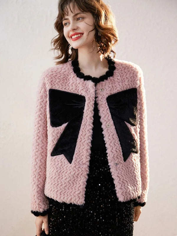 Coat Women Bow-Accent Faux-Fur Full-Length