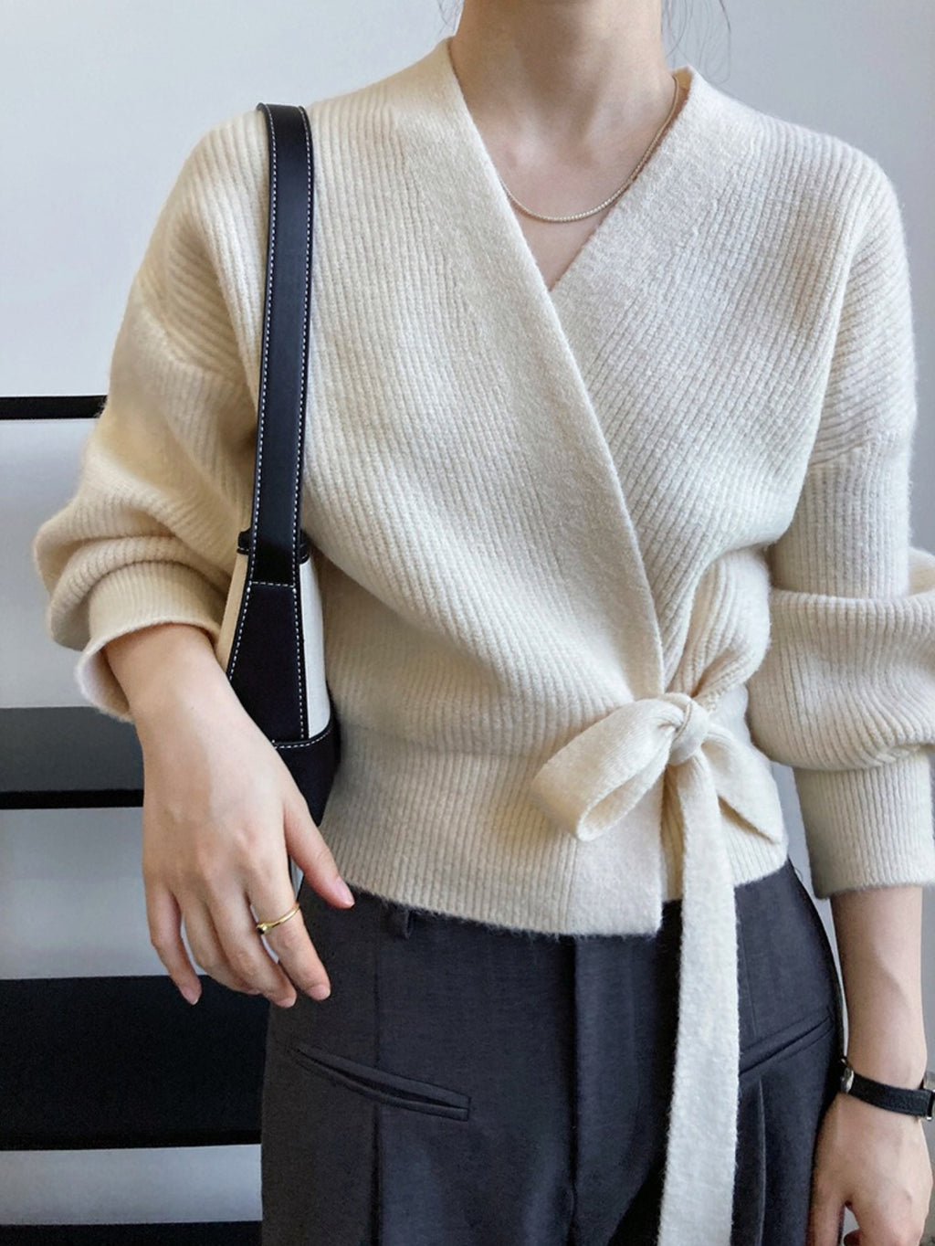 Top Women Wrap Sweater V-Neck Waist Tie
