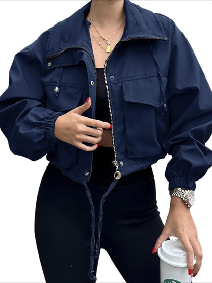 Jacket Women Cropped Utility Bomber Jacket with Pockets