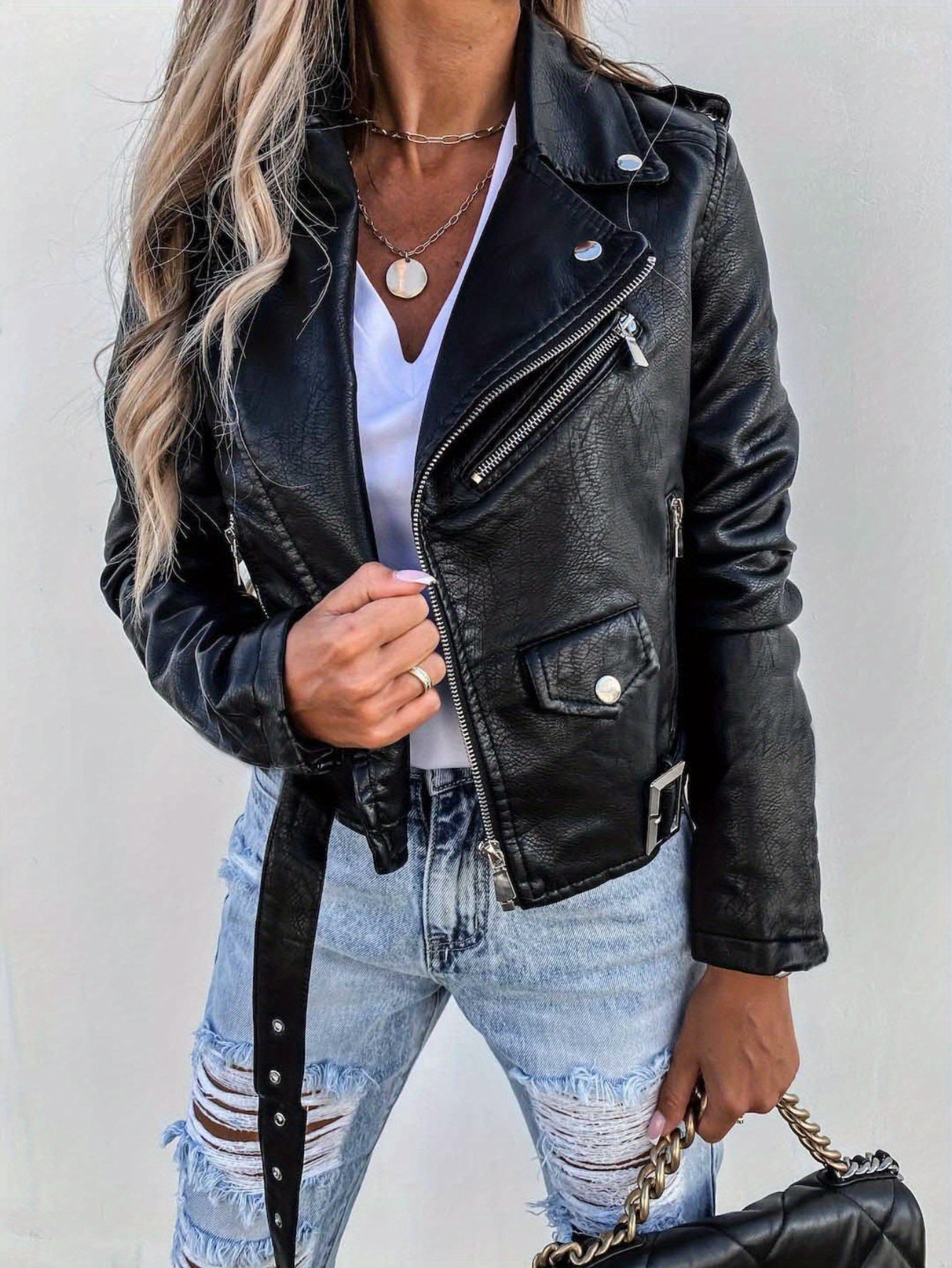 Jacket Women Cropped Biker with Zipper & Buckle Details