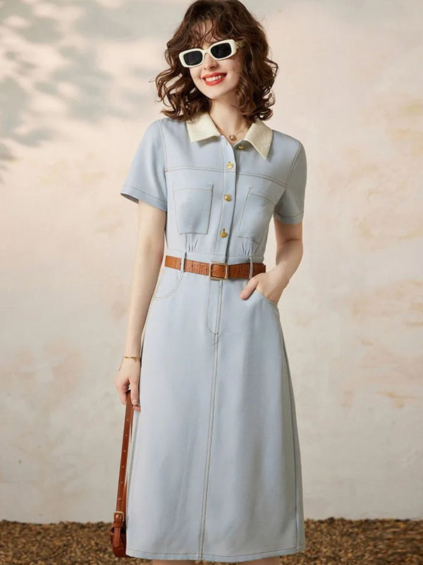 Dress Women A-Line Turn-Down Collar Front Button Short Sleeve