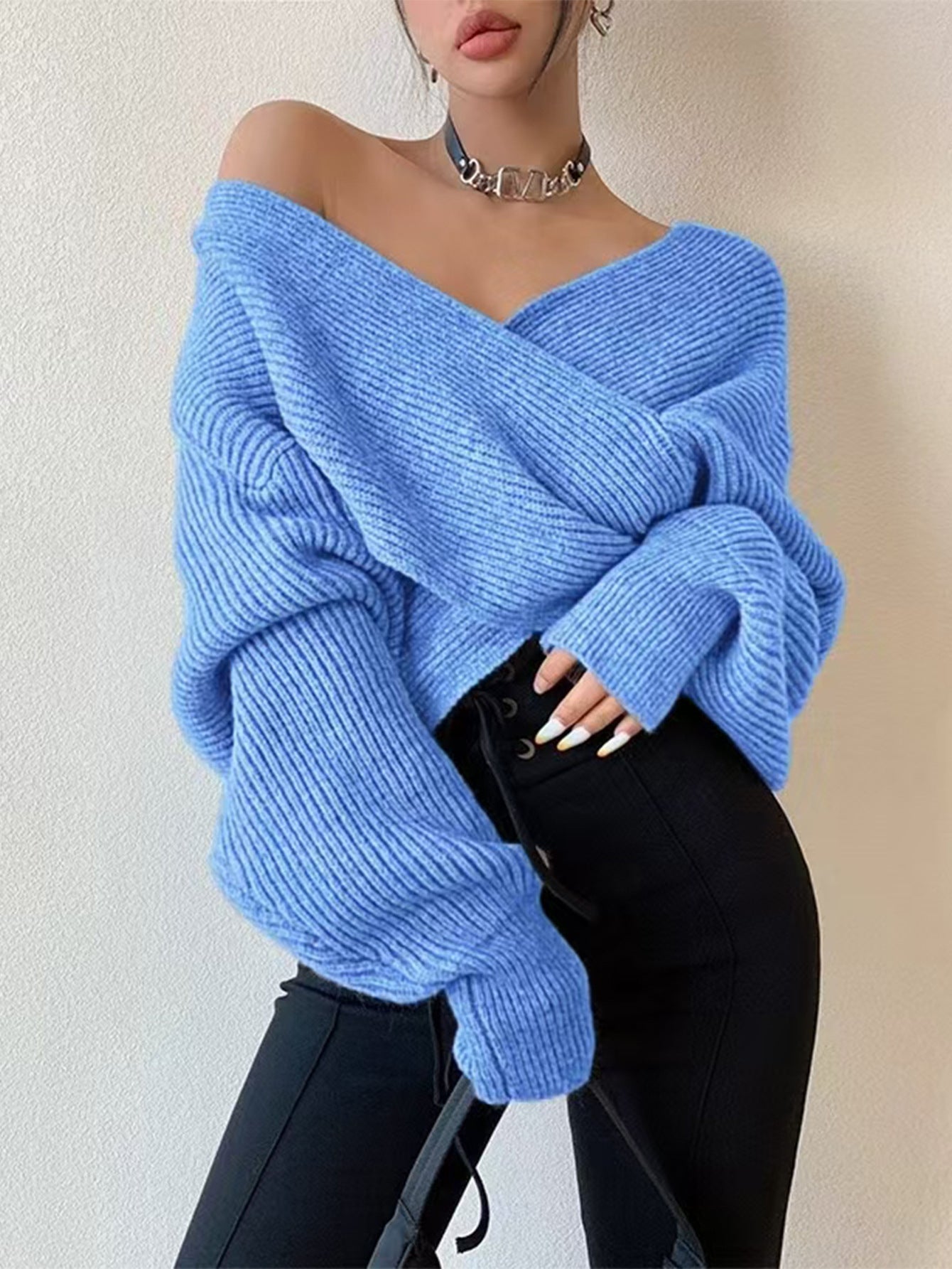 Sweater Women Oversized Off-Shoulder Wrap Design