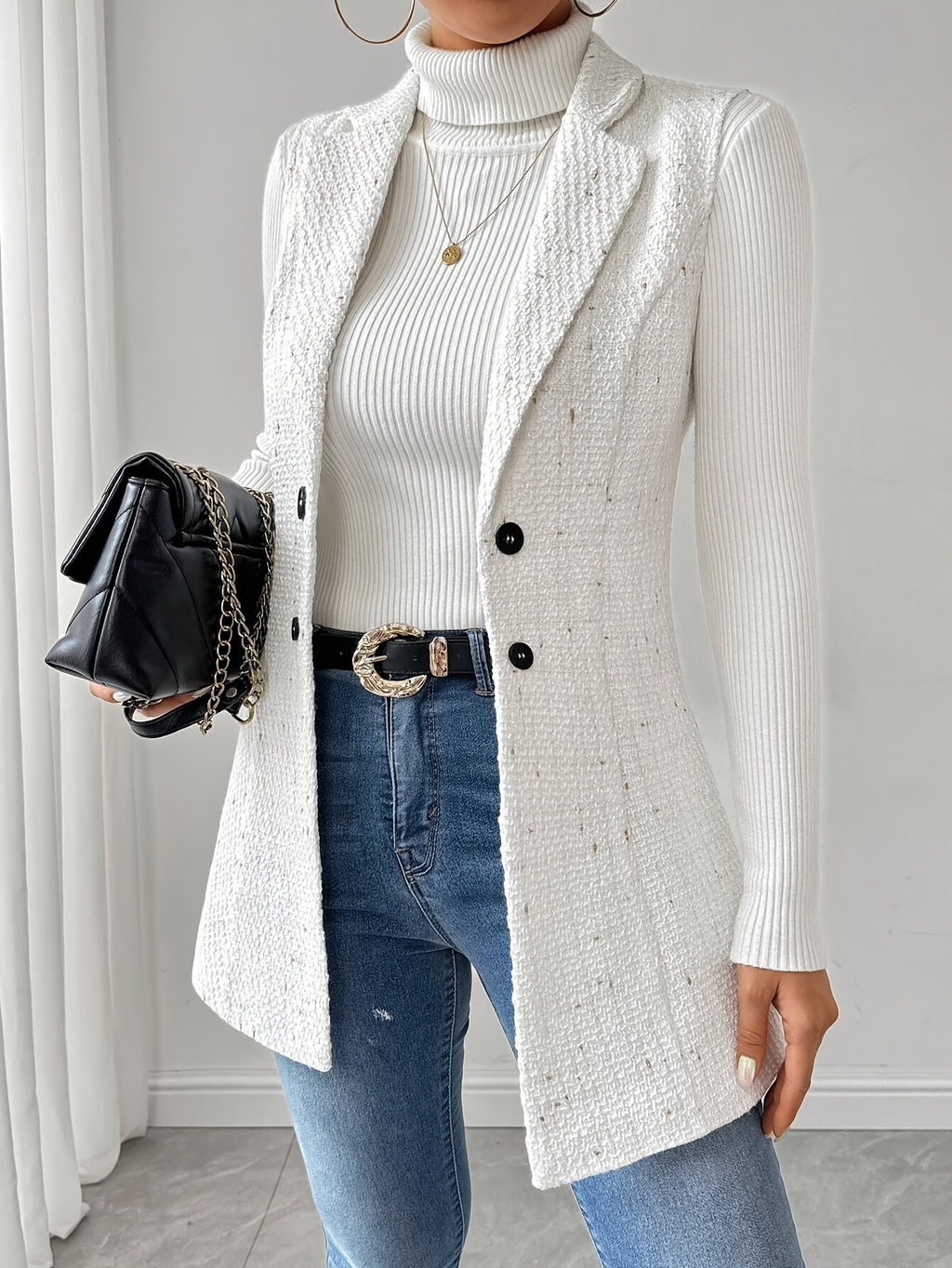 Blazer Women’s Tailored Button-Front Mid-Thigh Blazer