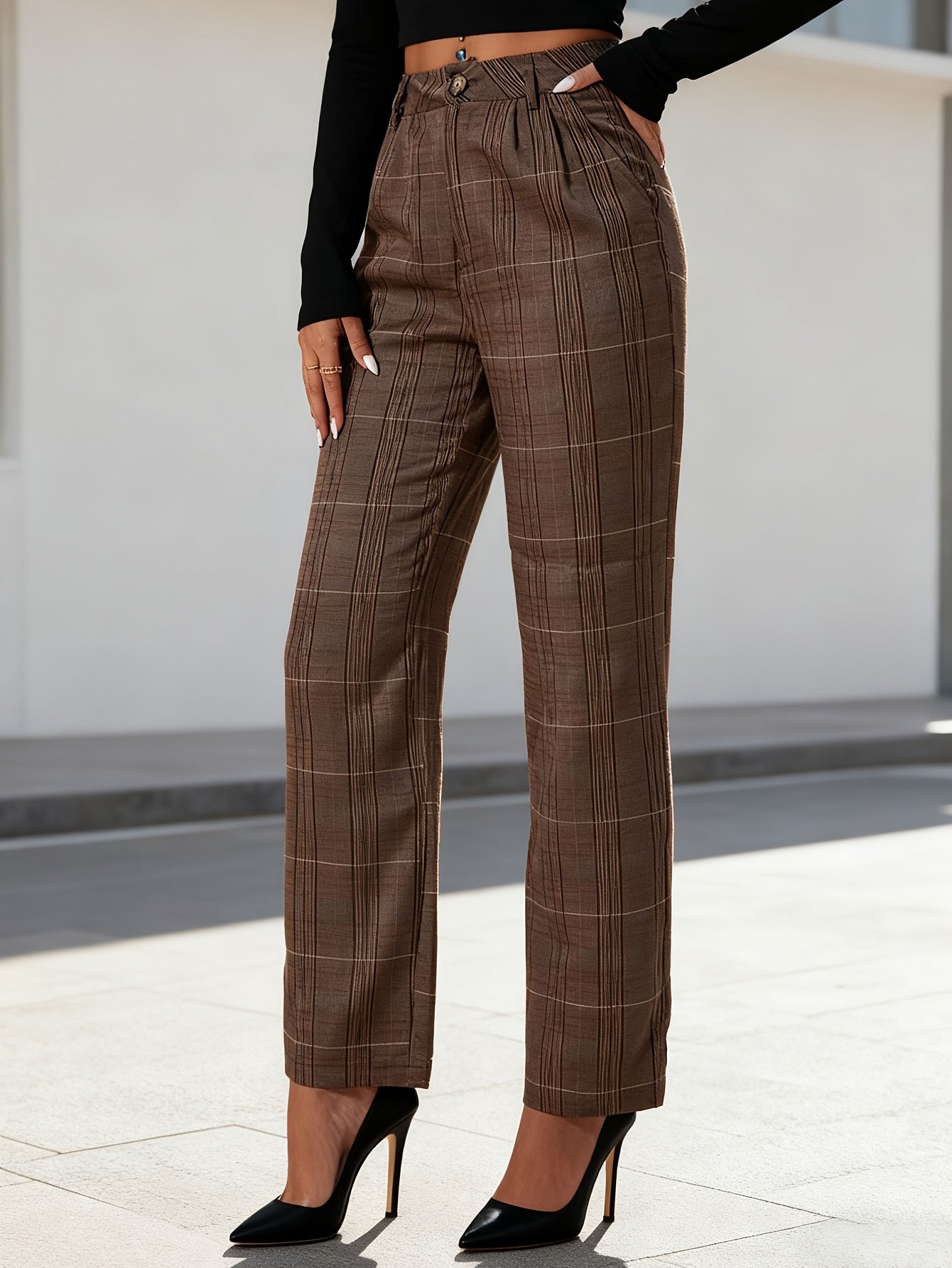 Pants Women Straight-Leg High-Rise Plaid Pattern