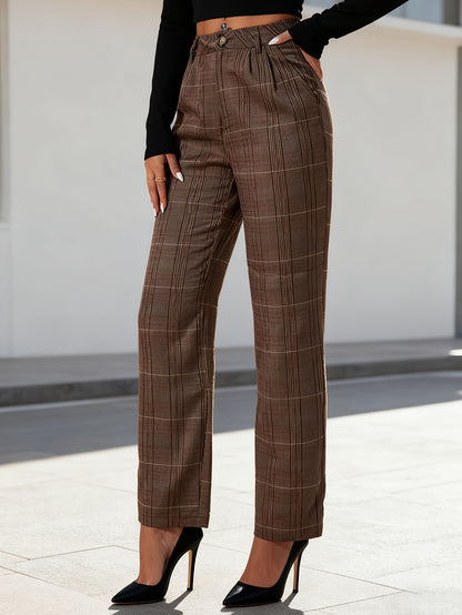 Pants Women Straight-Leg High-Rise Plaid Pattern
