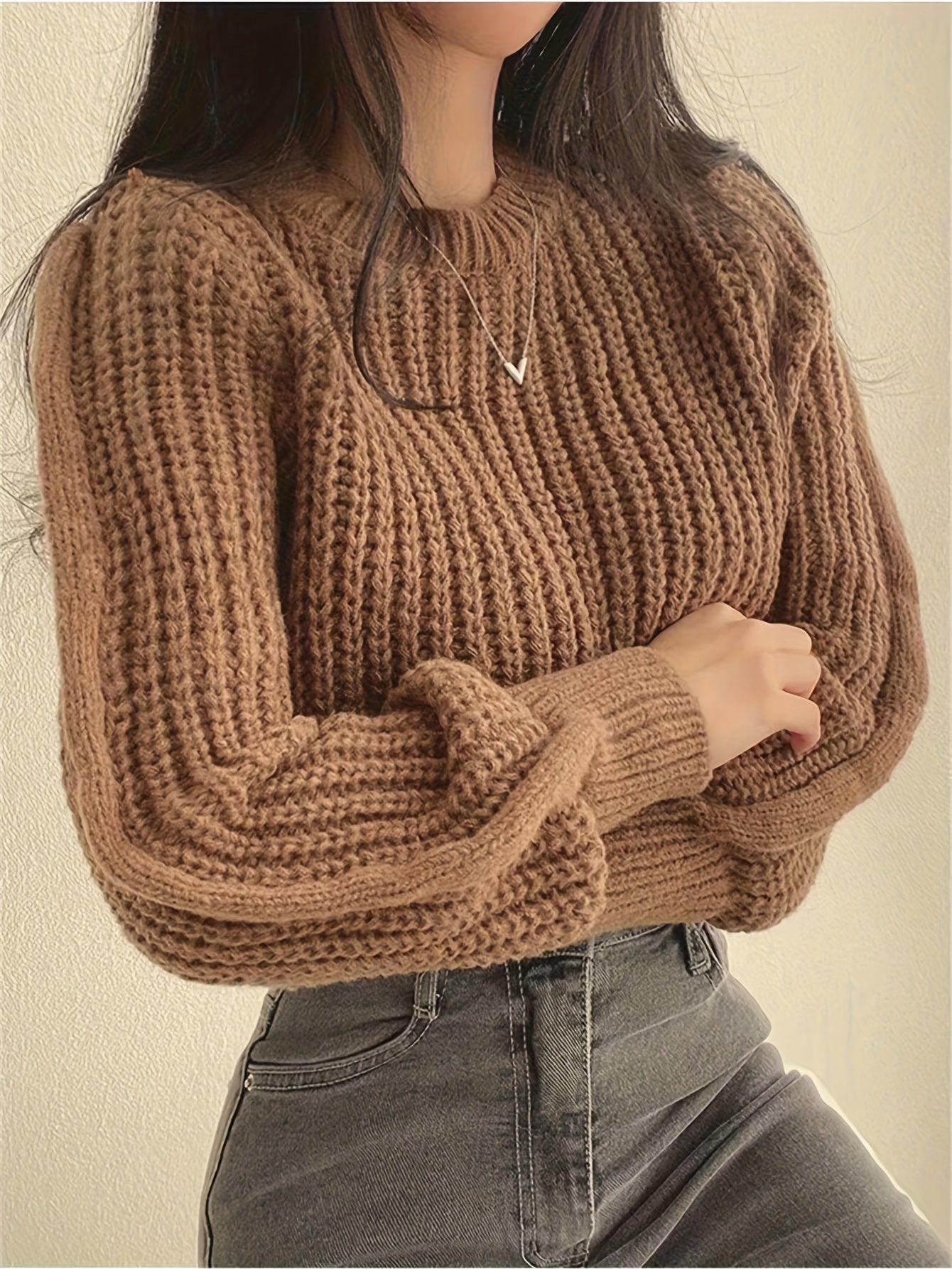 Sweater Women Ribbed Knit Cropped Crew Neck