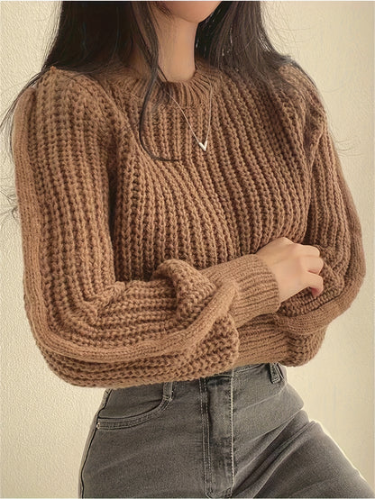 Sweater Women Ribbed Knit Cropped Crew Neck
