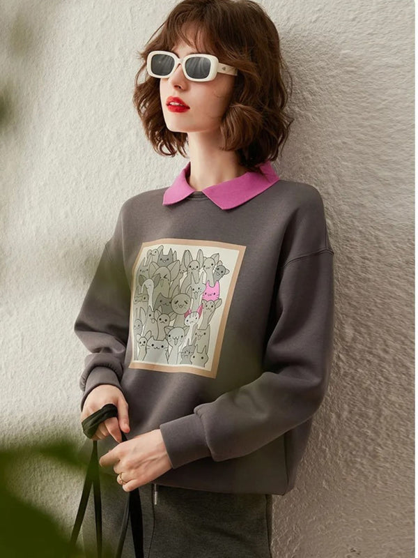 Sweater Women Contrasting Collar Dropped-Sleeves Relaxed Fit