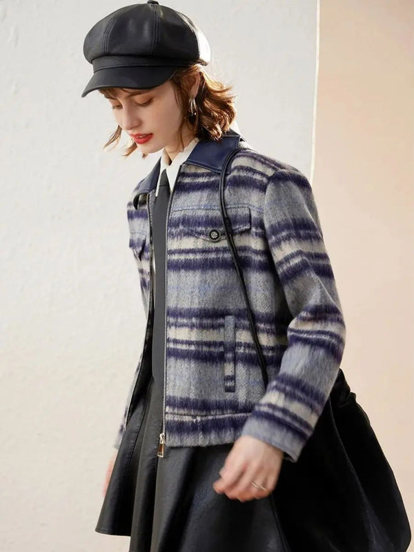 Jacket Women Striped Zip & Button Detail Turn-Down Collar