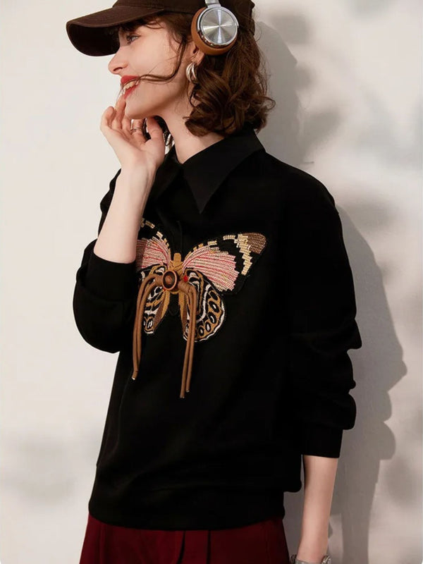 Sweater Women Embroidered Butterfly Crew Neck Relaxed Fit
