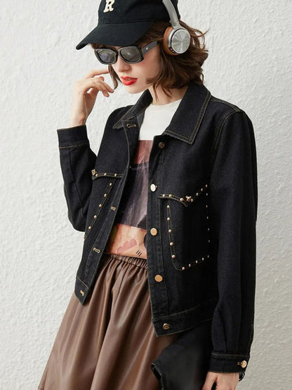 Jacket Women Retro Studs Rivet Detail Turn-Down Collar