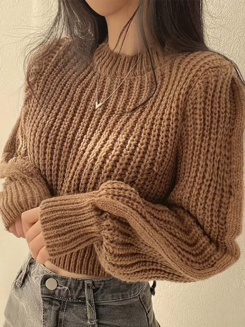 Sweater Women Ribbed Knit Cropped Crew Neck