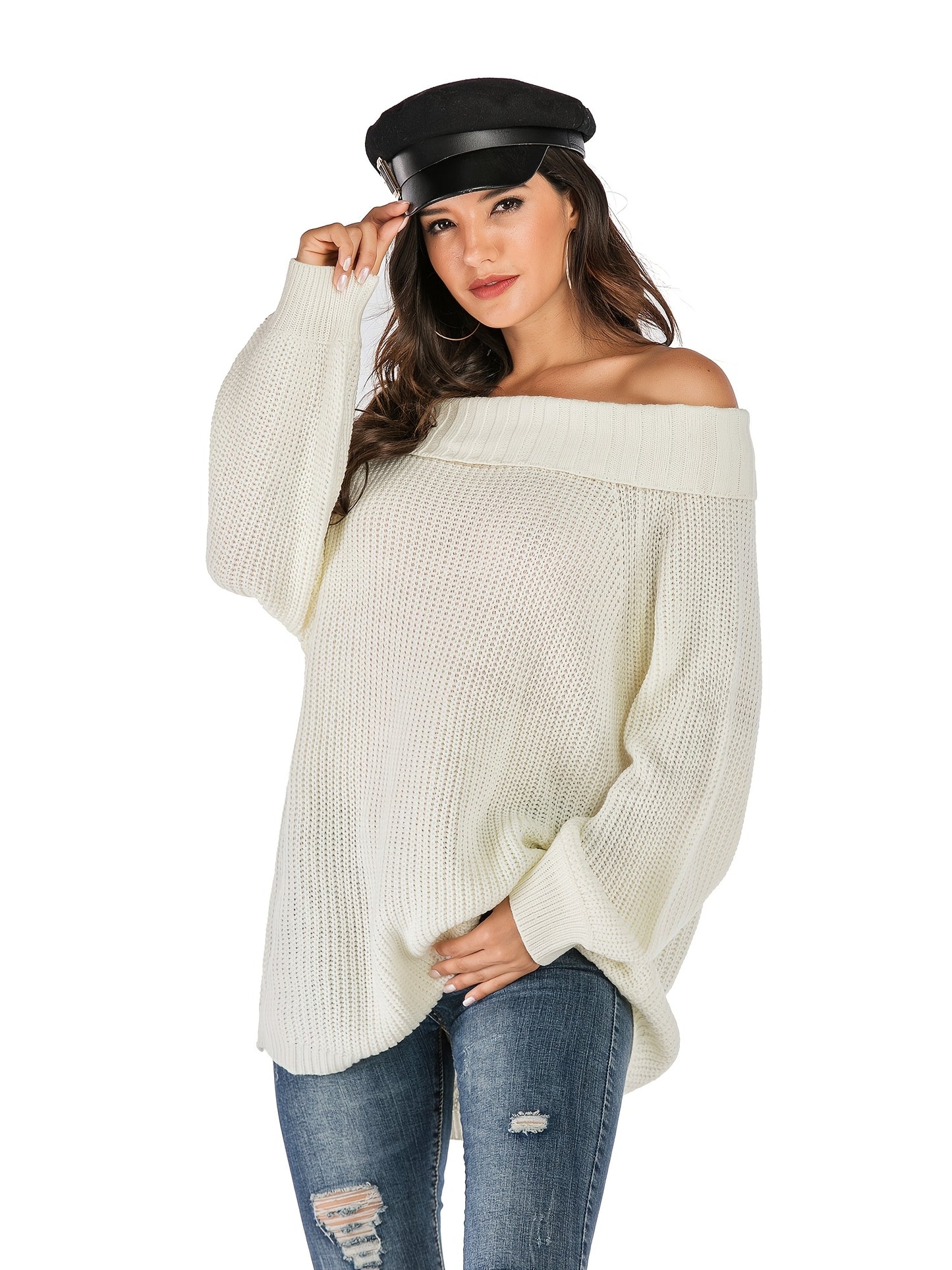 Sweater Women Oversized Off-Shoulder Textured Design