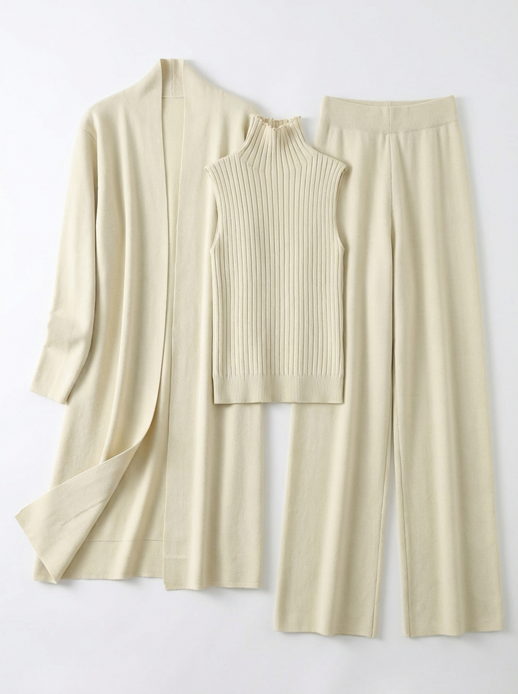 Three-Piece Set Women Relaxed Fit Duster Cardigan & Turtleneck Top & Pants