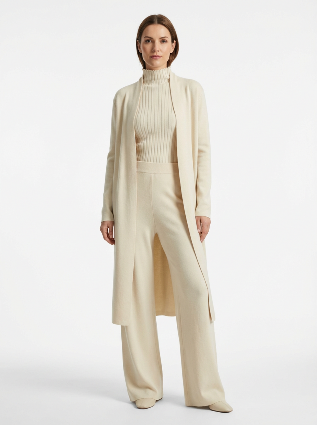 Three-Piece Set Women Relaxed Fit Duster Cardigan & Turtleneck Top & Pants