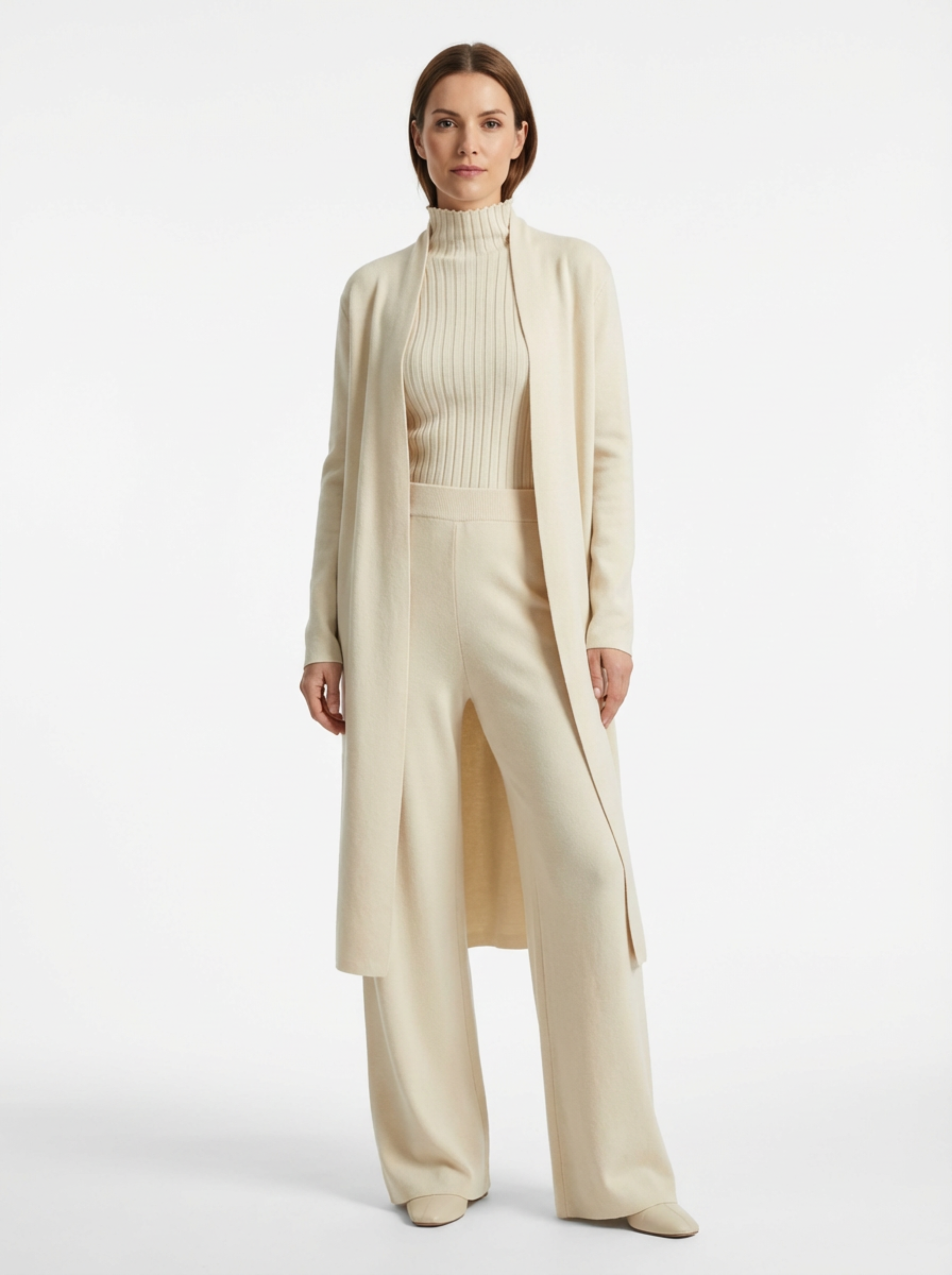 Three-Piece Set Women Relaxed Fit Duster Cardigan & Turtleneck Top & Pants