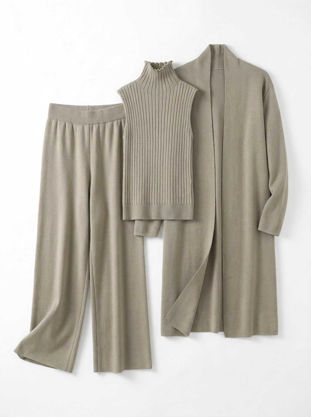 Three-Piece Set Women Relaxed Fit Duster Cardigan & Turtleneck Top & Pants