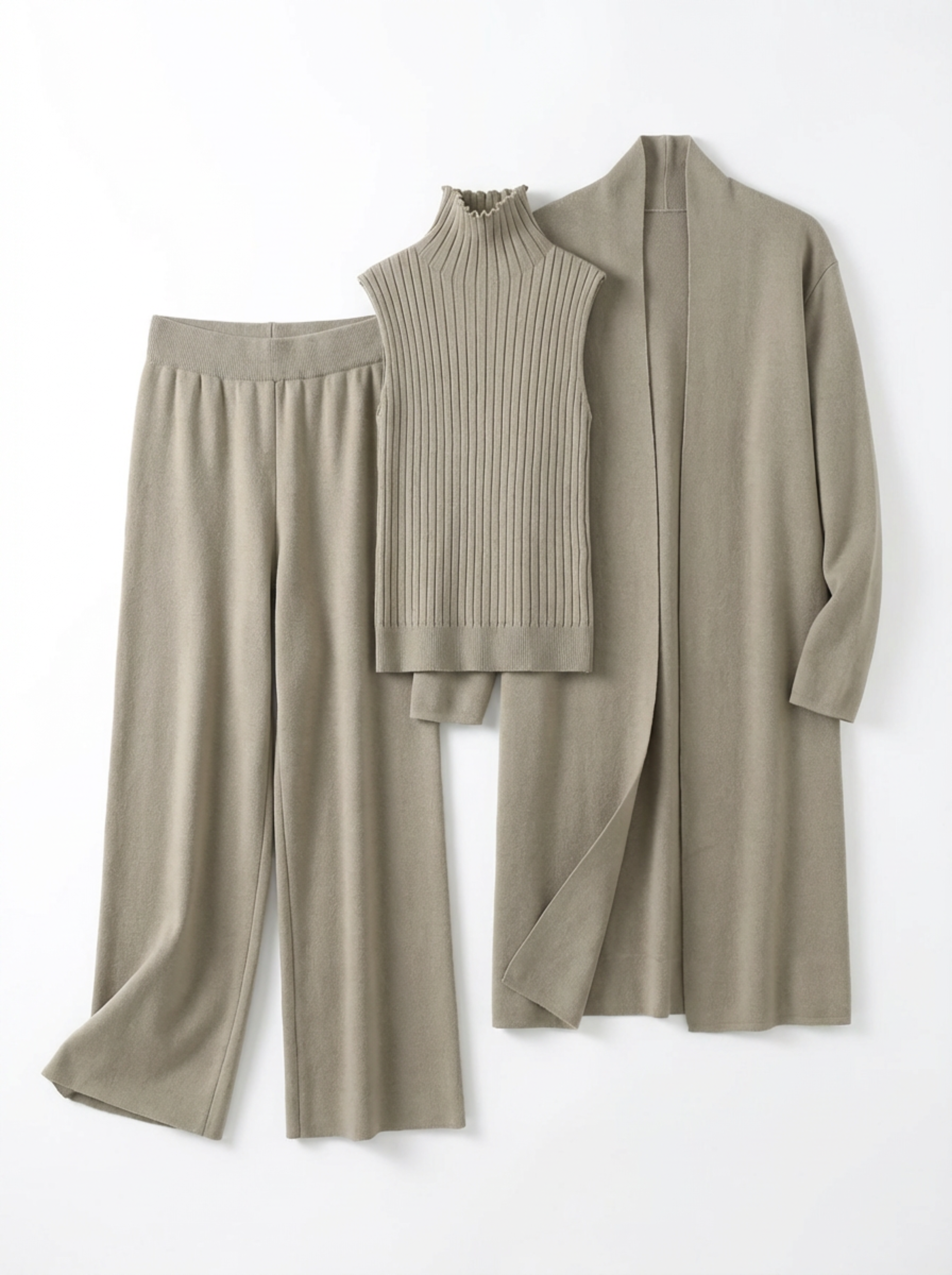 Three-Piece Set Women Relaxed Fit Duster Cardigan & Turtleneck Top & Pants