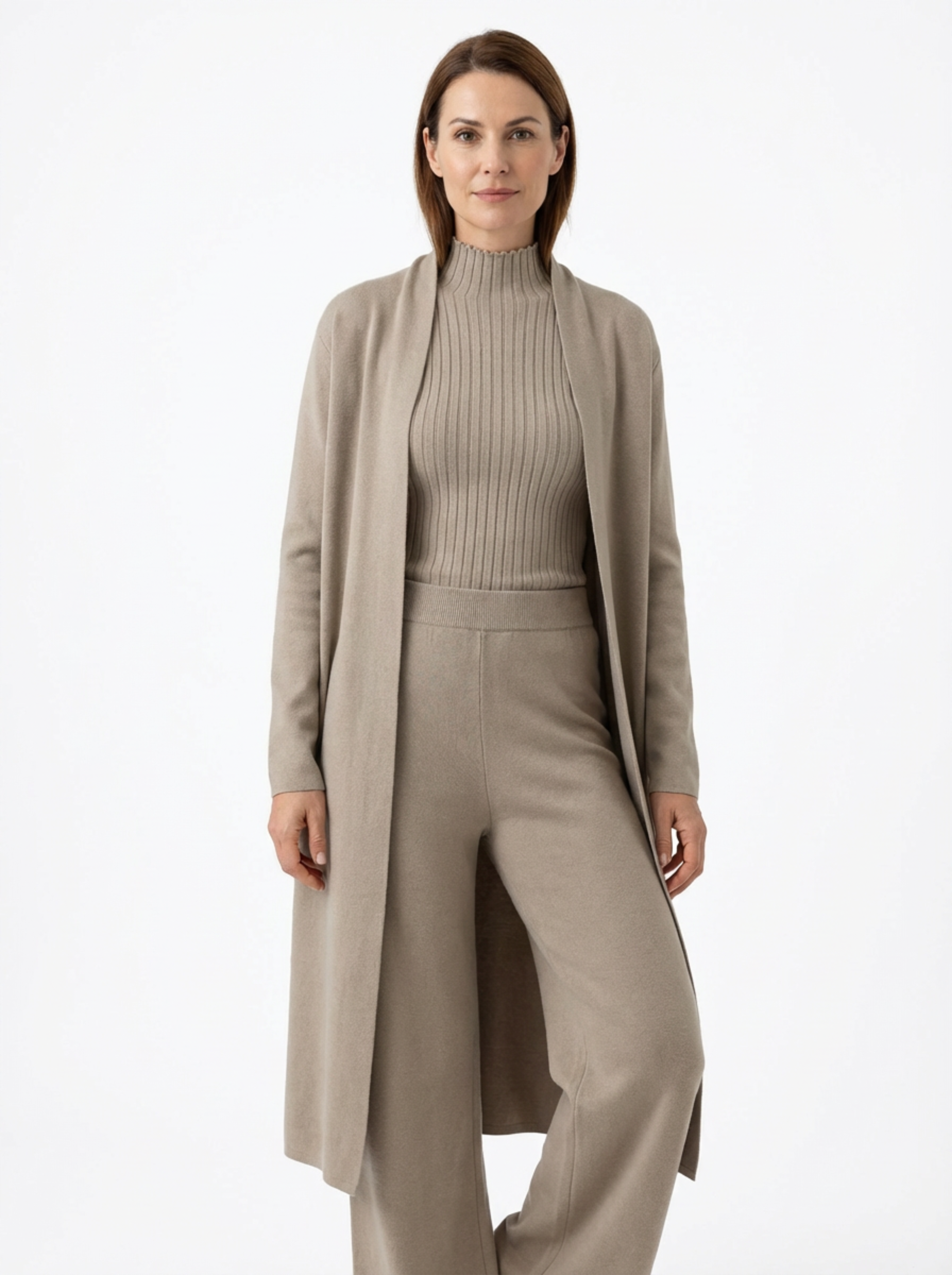 Three-Piece Set Women Relaxed Fit Duster Cardigan & Turtleneck Top & Pants