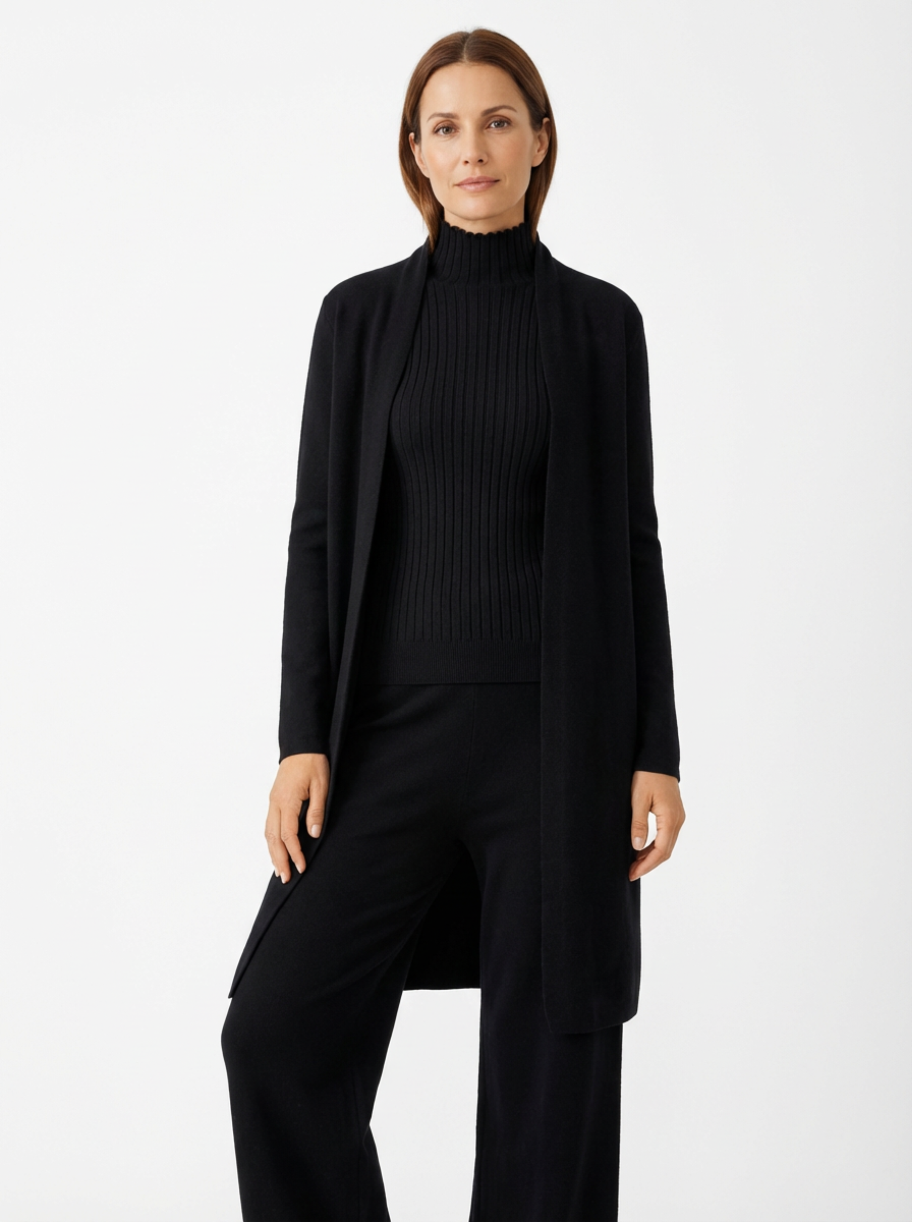 Three-Piece Set Women Relaxed Fit Duster Cardigan & Turtleneck Top & Pants
