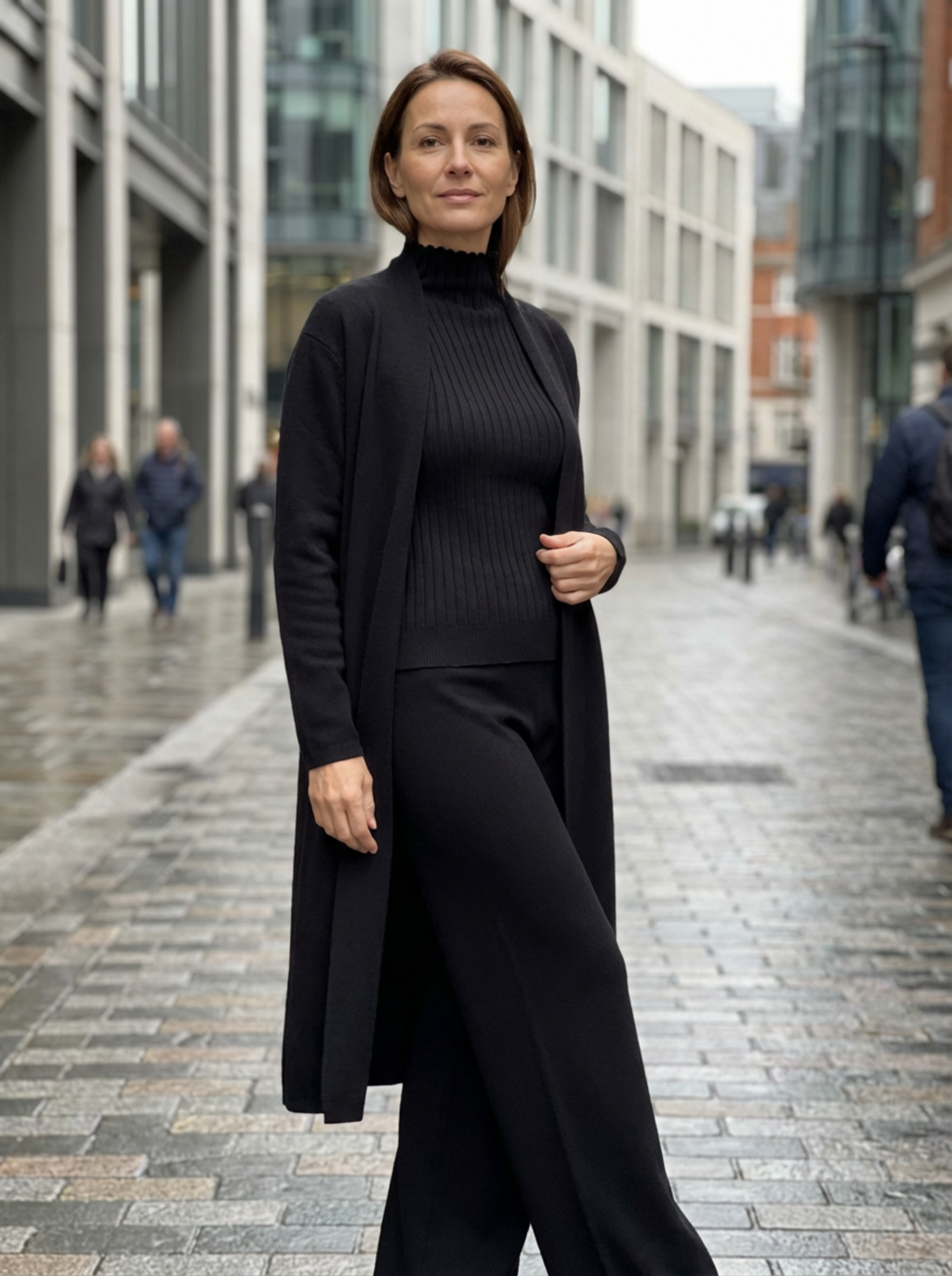 Three-Piece Set Women Relaxed Fit Duster Cardigan & Turtleneck Top & Pants