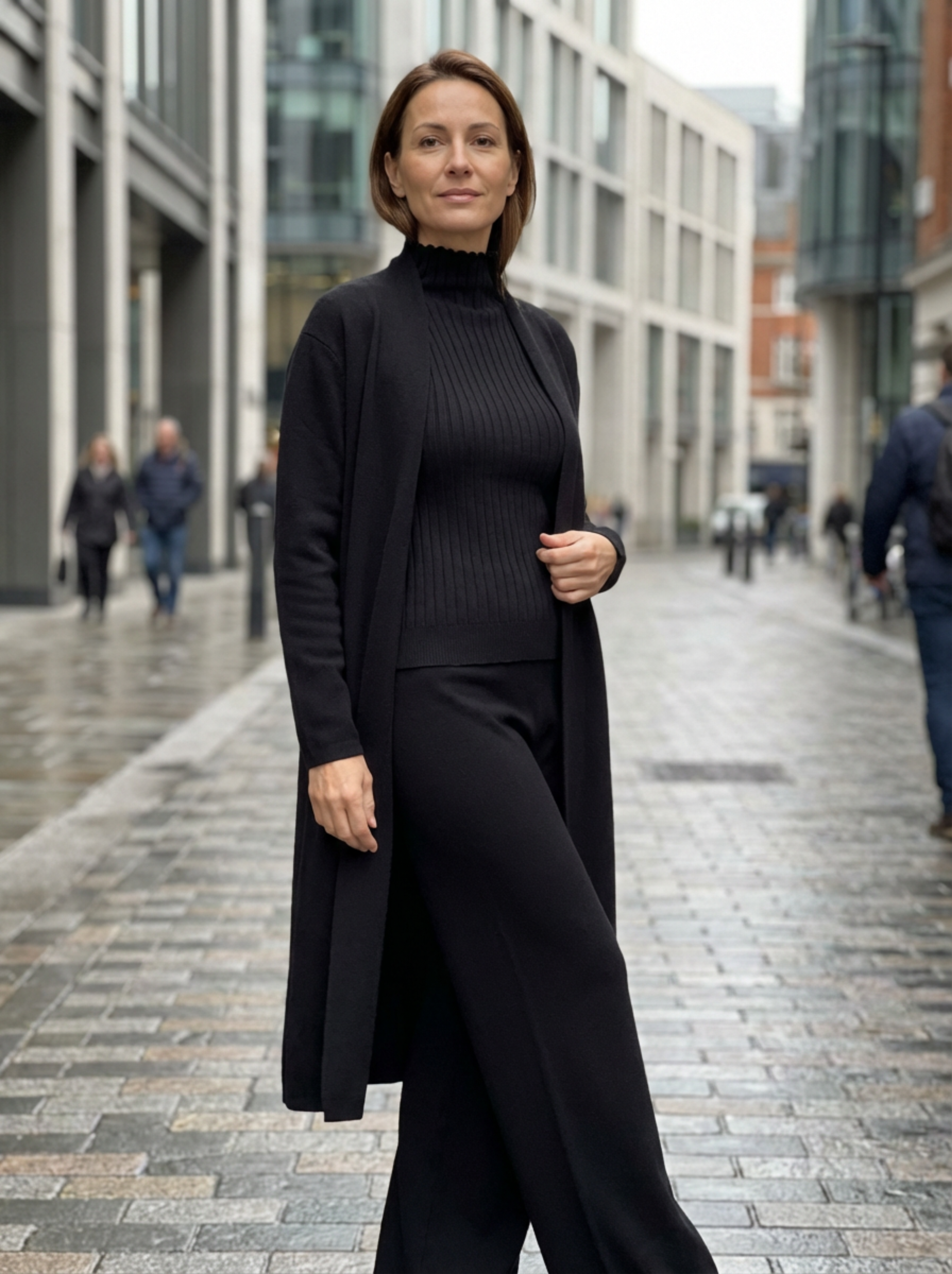 Three-Piece Set Women Relaxed Fit Duster Cardigan & Turtleneck Top & Pants