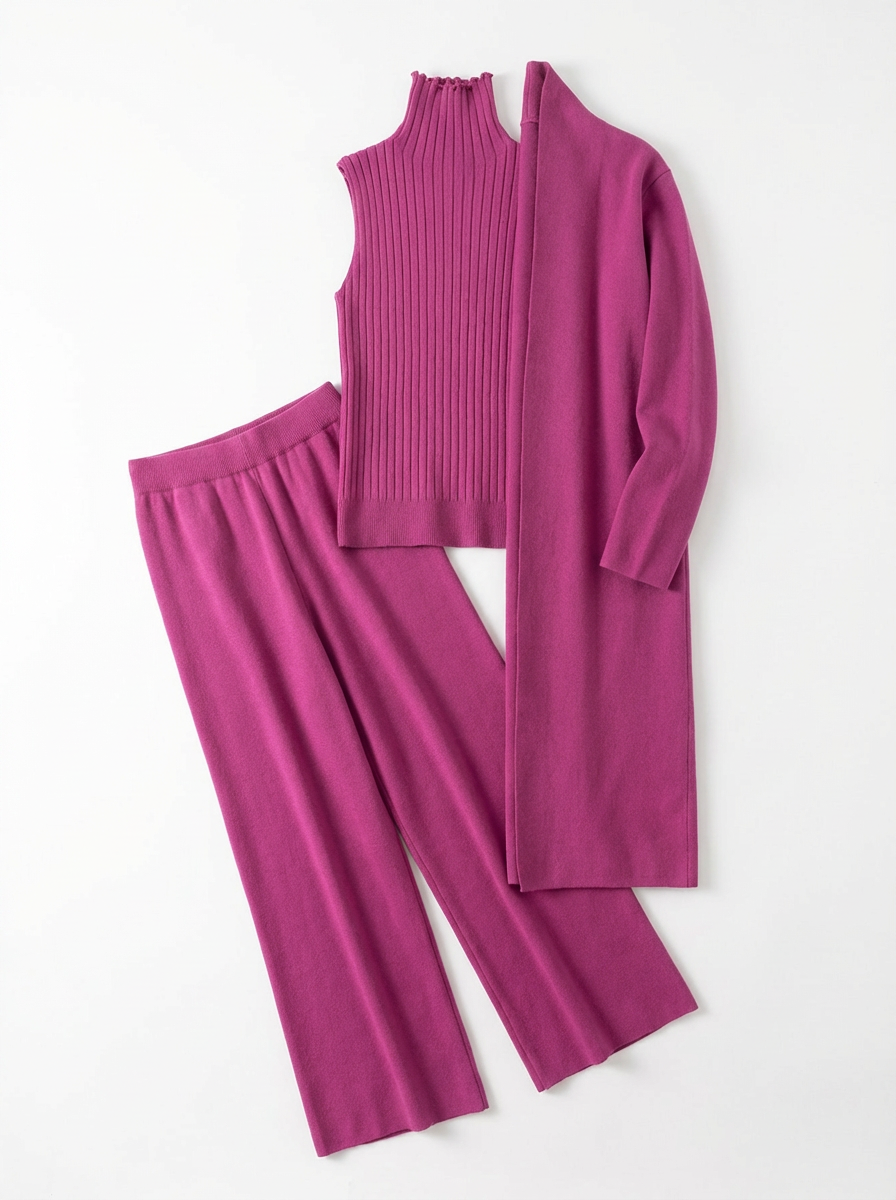 Three-Piece Set Women Relaxed Fit Duster Cardigan & Turtleneck Top & Pants